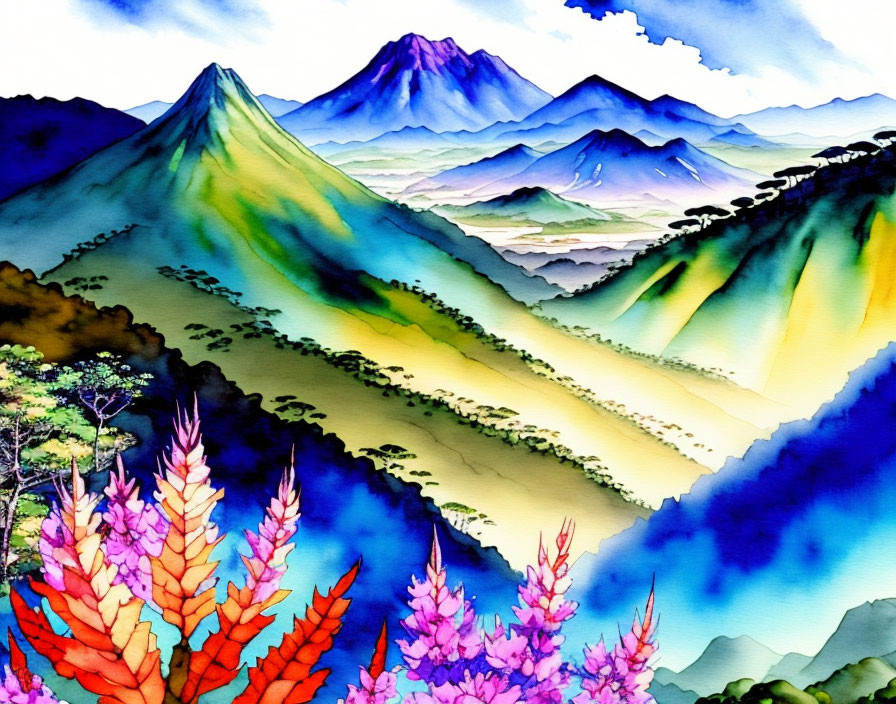 Colorful Watercolor Landscape: Mountains, River, Pink Foliage