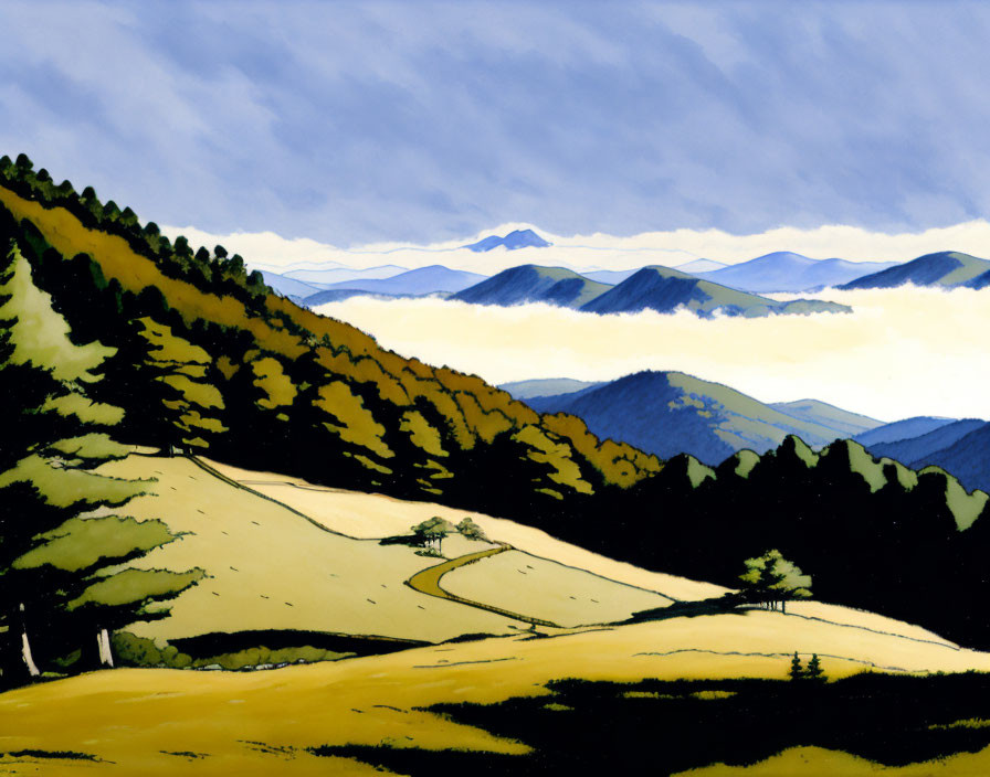 Stylized landscape painting of rolling hills, trees, winding road, and misty mountains.