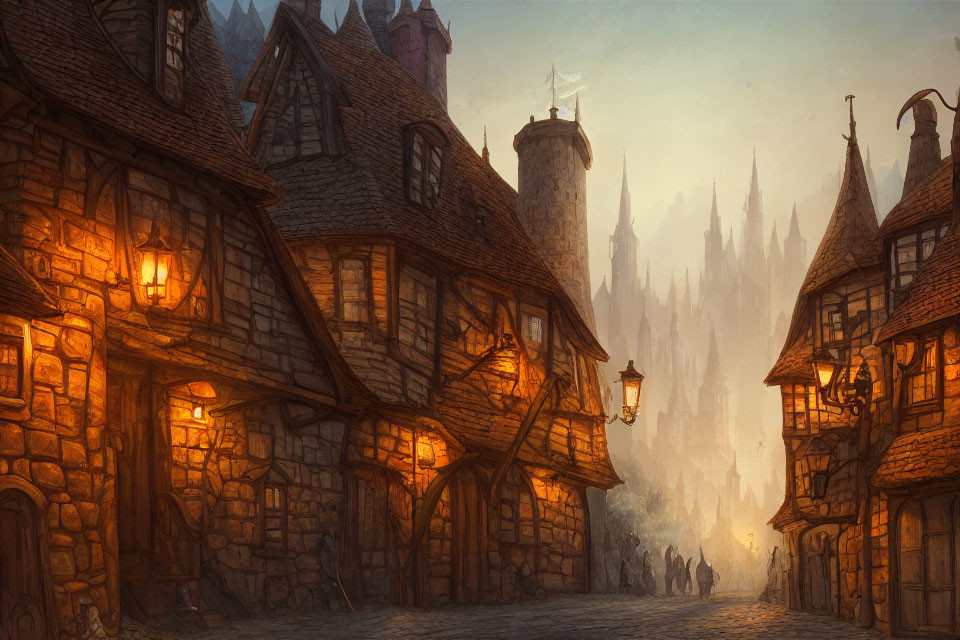 Medieval cobblestone street at twilight with glowing lanterns