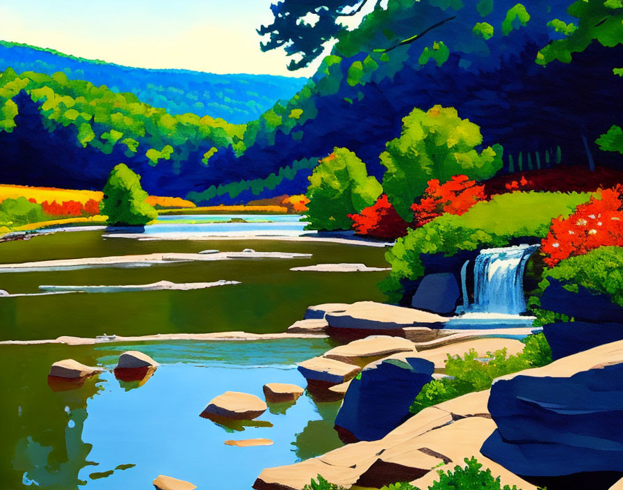 Scenic landscape painting with waterfall, river, forest, and colorful foliage