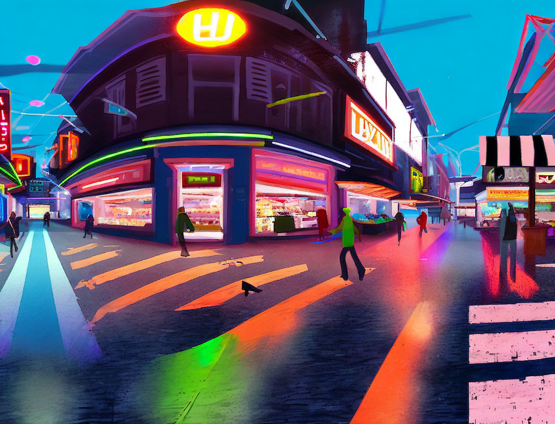 Colorful digital artwork: Neon-lit street scene with bustling crowd, glowing signs, reflections, and