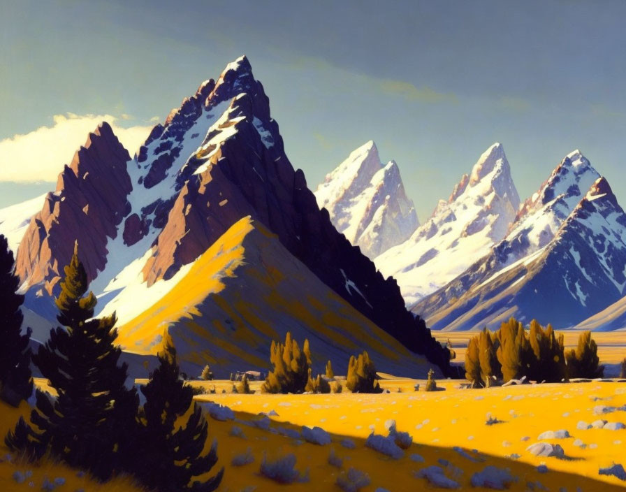 Stylized painting of snow-capped mountain peaks and golden meadow