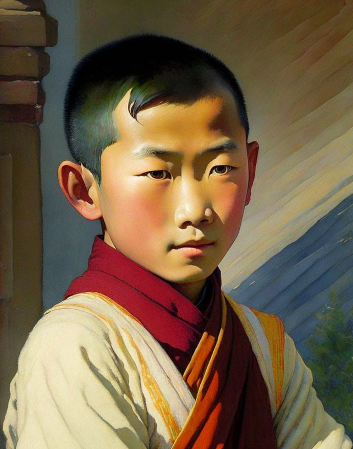 Portrait of a boy in red garment gazing sideways