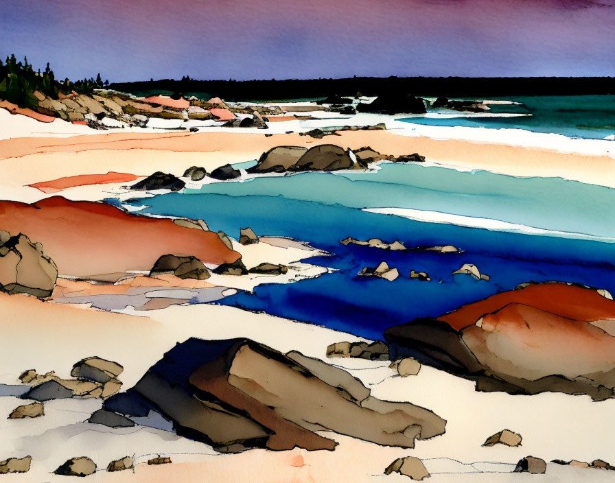 Vivid Watercolor Painting of Rocky Shoreline