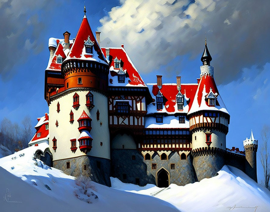 Snow-covered Castle with Red Roofs and White Walls in Blue Sky