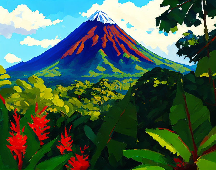 Majestic volcano painting with snow cap and lush greenery