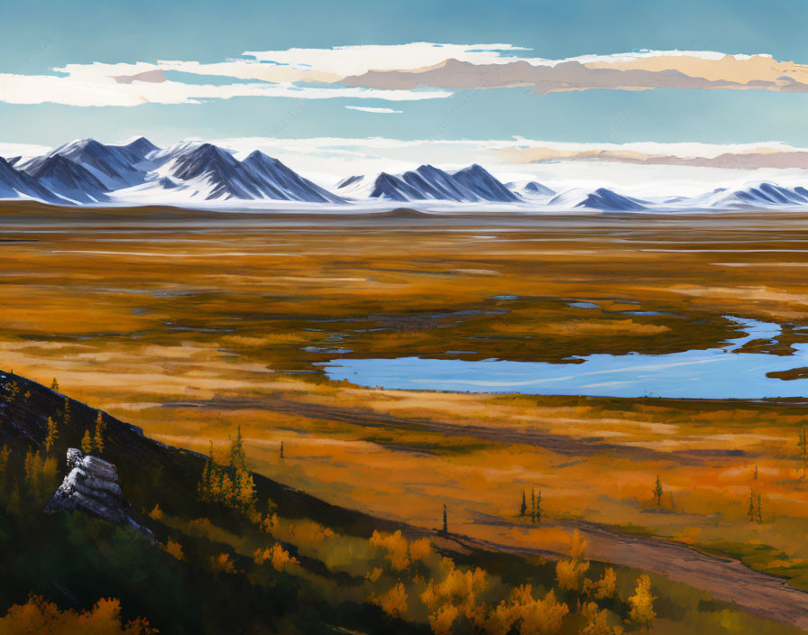 Golden-hued plain with scattered trees and distant snow-capped mountains under a blue sky.