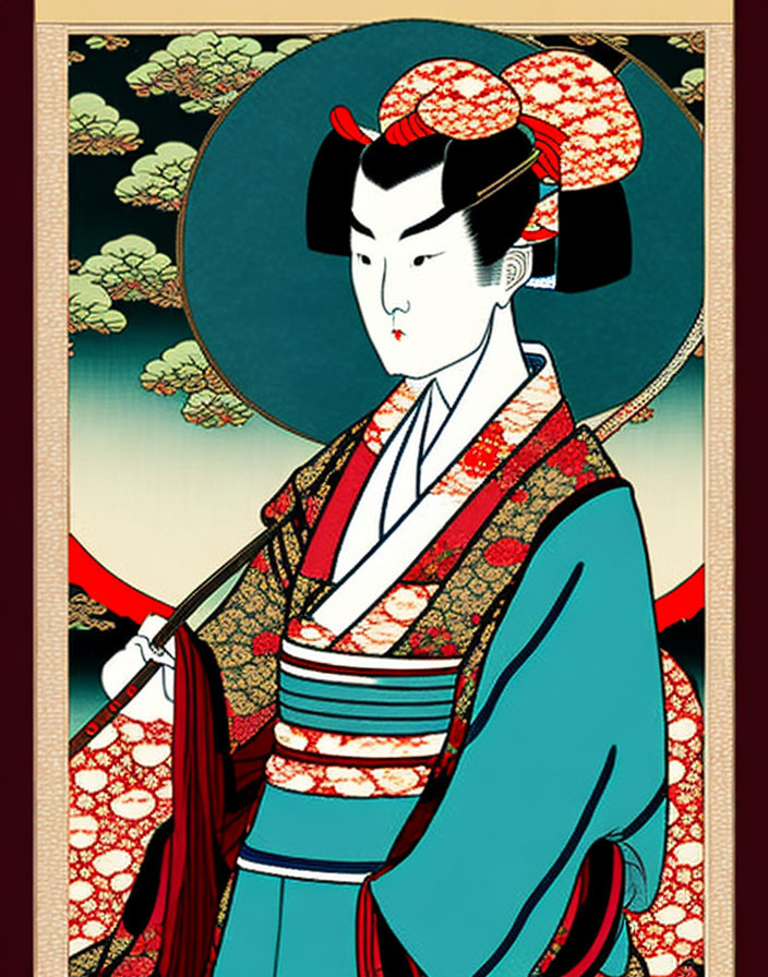 Japanese Geisha in Kimono with Circular Floral Backdrop Woodblock Print