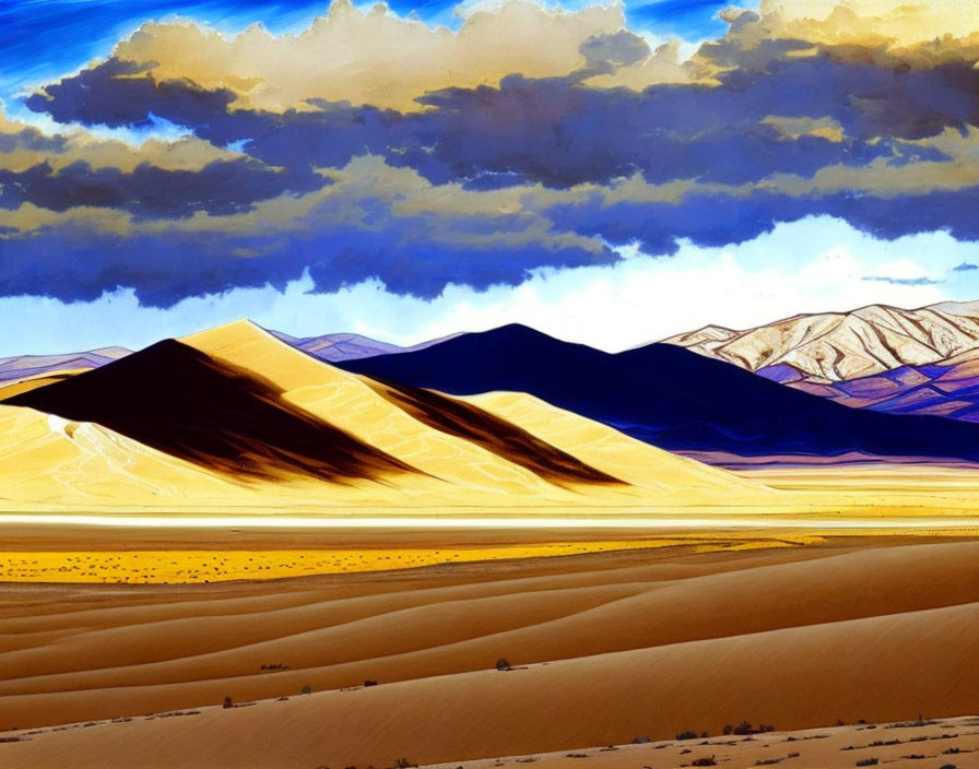 Expressive desert landscape with blue and golden hues and dramatic shadows.