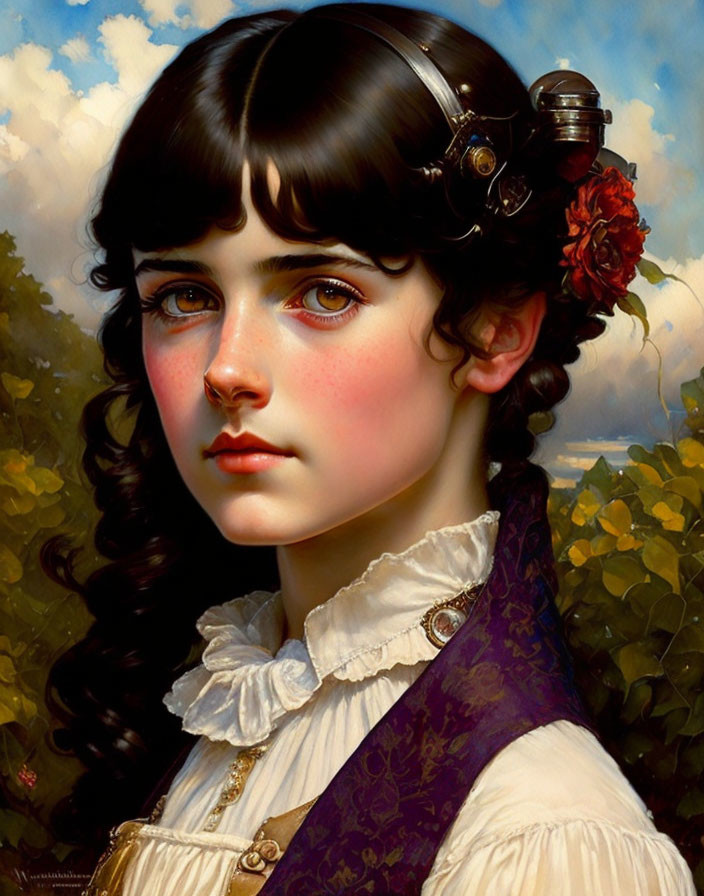 Digital painting of young woman with dark hair, red flower, white blouse, and purple floral vest