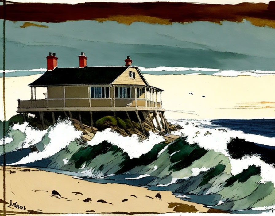 Illustration: Beach house on stilts above crashing waves