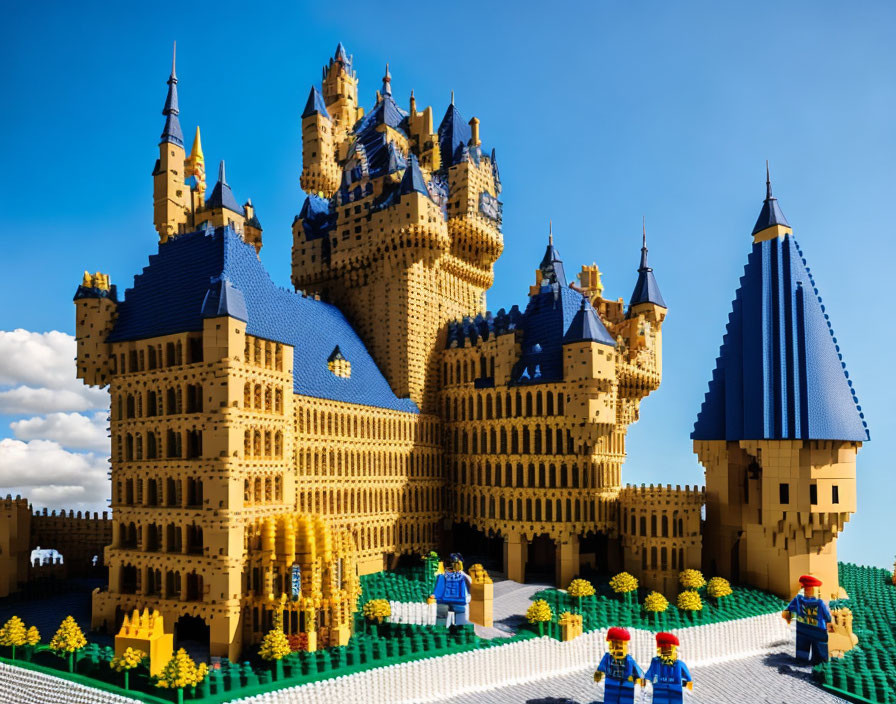 Detailed LEGO Castle Model with Blue Rooftops and Figures