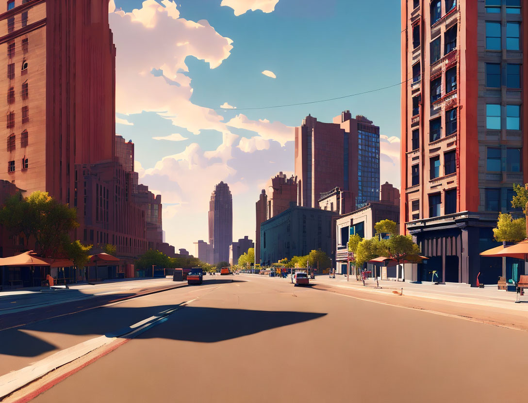 Cityscape with tall buildings under clear blue skies and minimal traffic, casting long shadows.