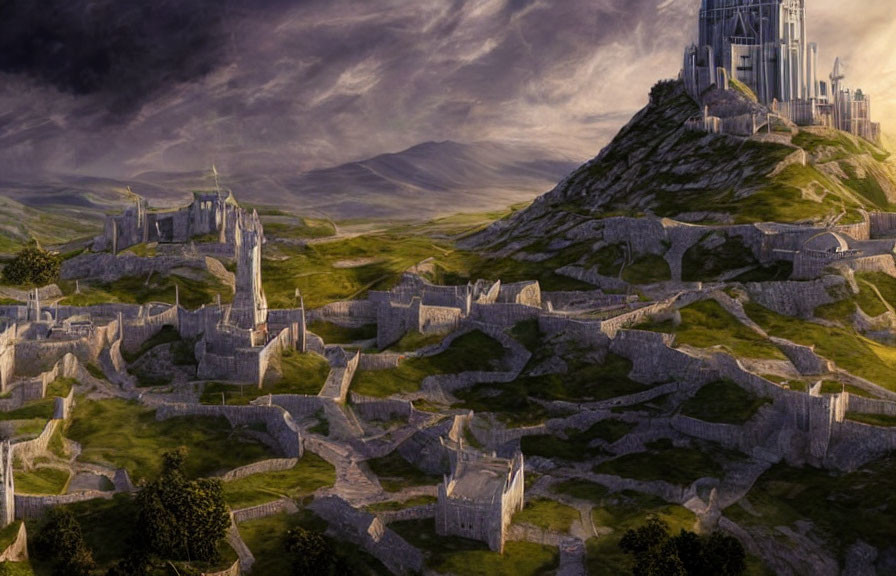 Majestic castle and ancient city ruins in dramatic fantasy landscape