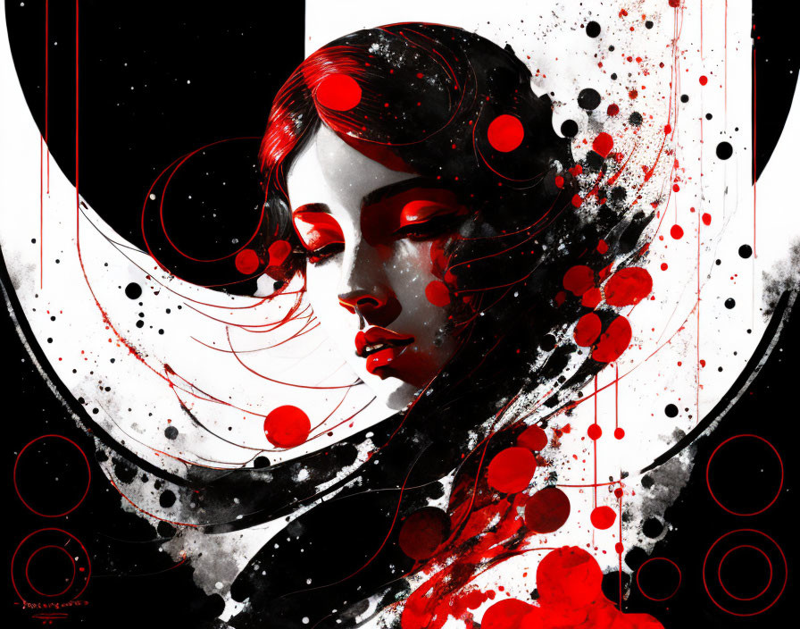 Abstract red and black woman artwork with splashes and circles on monochrome backdrop