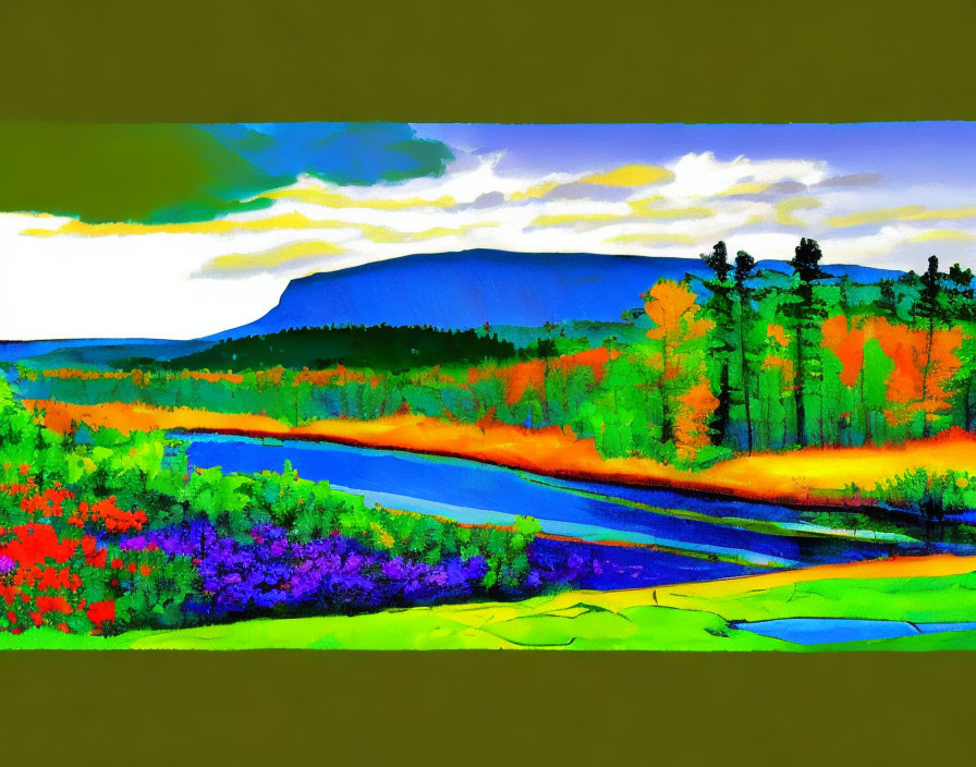 Colorful Landscape with River, Trees, and Mountain under Yellow Sky