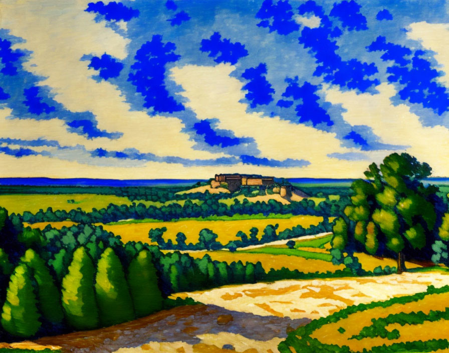 Colorful countryside landscape painting with blue sky, clouds, green forests, golden field, and distant castle