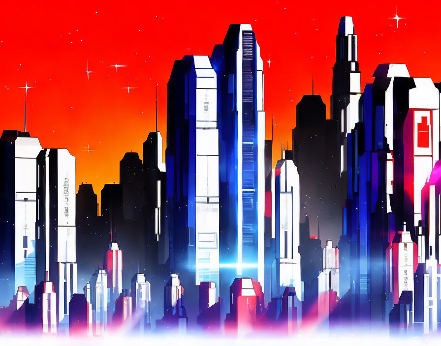 Futuristic cityscape digital artwork with blue and pink hues