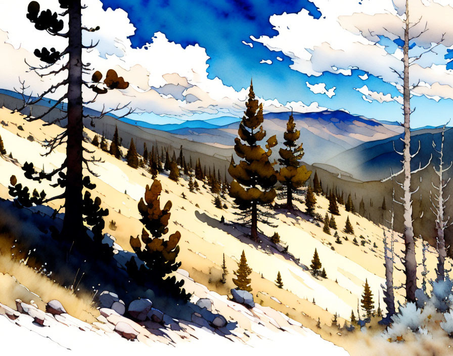 Mountain landscape watercolor illustration with pine trees and snow patches