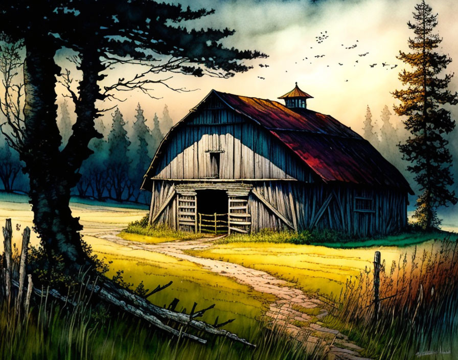 Twilight scene: rustic barn, vibrant meadow, dense trees, birds flock.