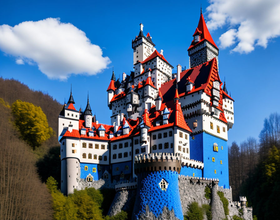 Fairytale castle with white walls, red/blue roofs, and towers against forested hills