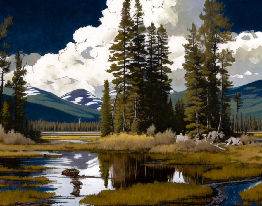 Tranquil landscape with reflective water, vibrant grasses, coniferous trees, cloudy sky.