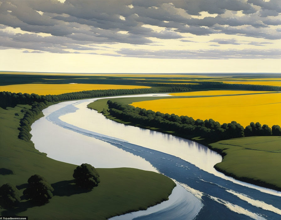 Tranquil landscape with river, yellow fields, green trees, and dynamic sky