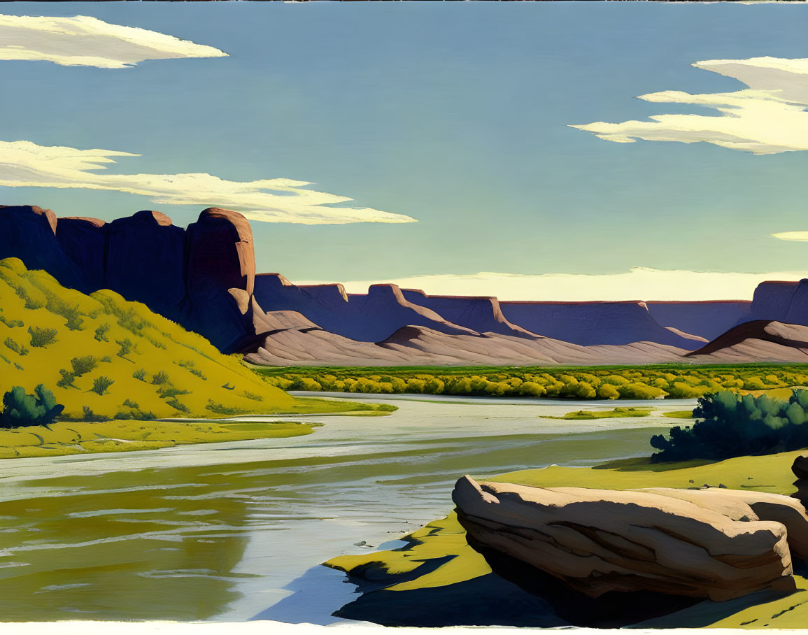 Serene river landscape with green valley and brown cliffs