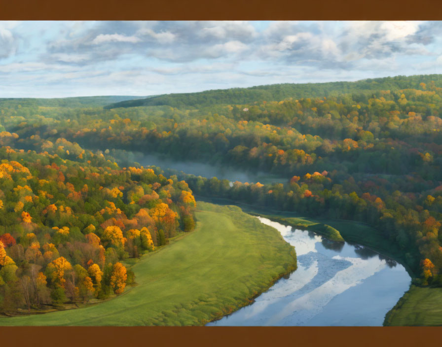 Aerial view of meandering river in autumn forest with orange and yellow trees