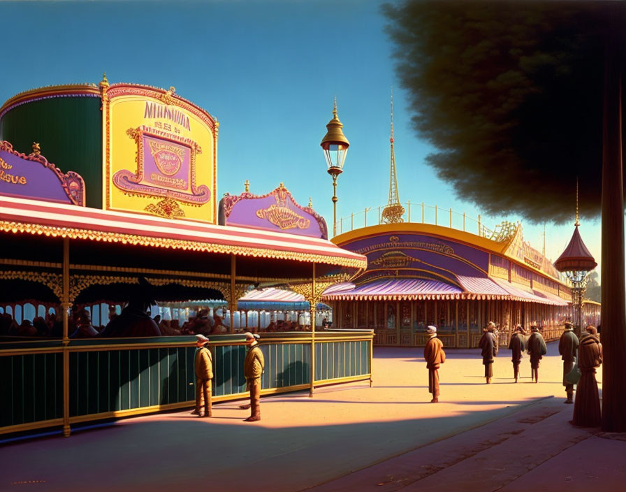 Vintage-style fairground scene with carousel and people under sunset skies.