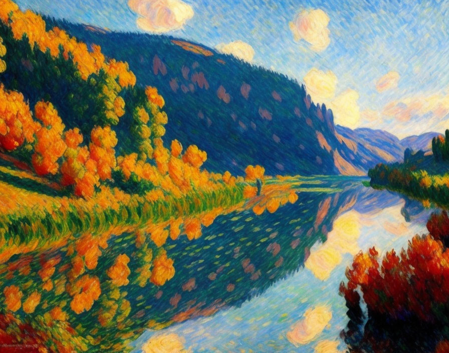 Colorful impressionist painting: river landscape, vibrant trees, swirling autumn sky