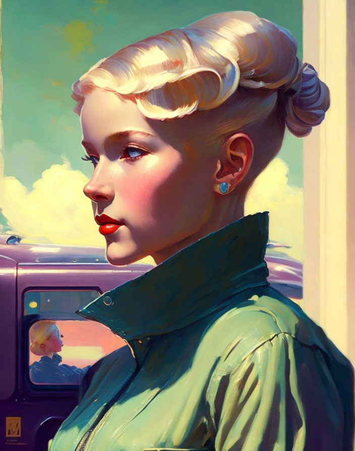 Blonde woman with updo and red lipstick in green jacket illustration