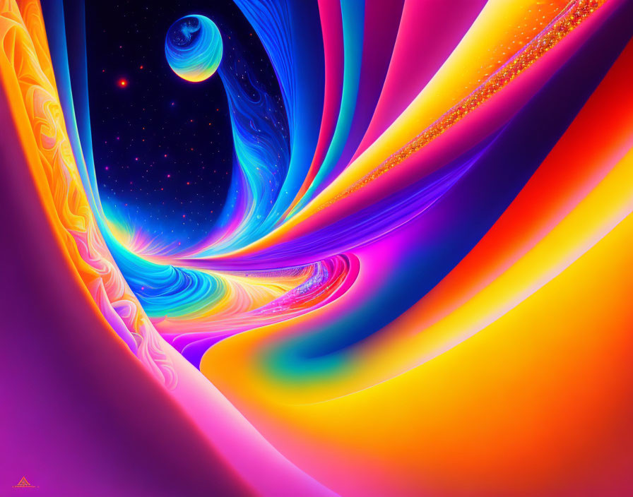 Colorful digital artwork: swirling neon colors, cosmic background.