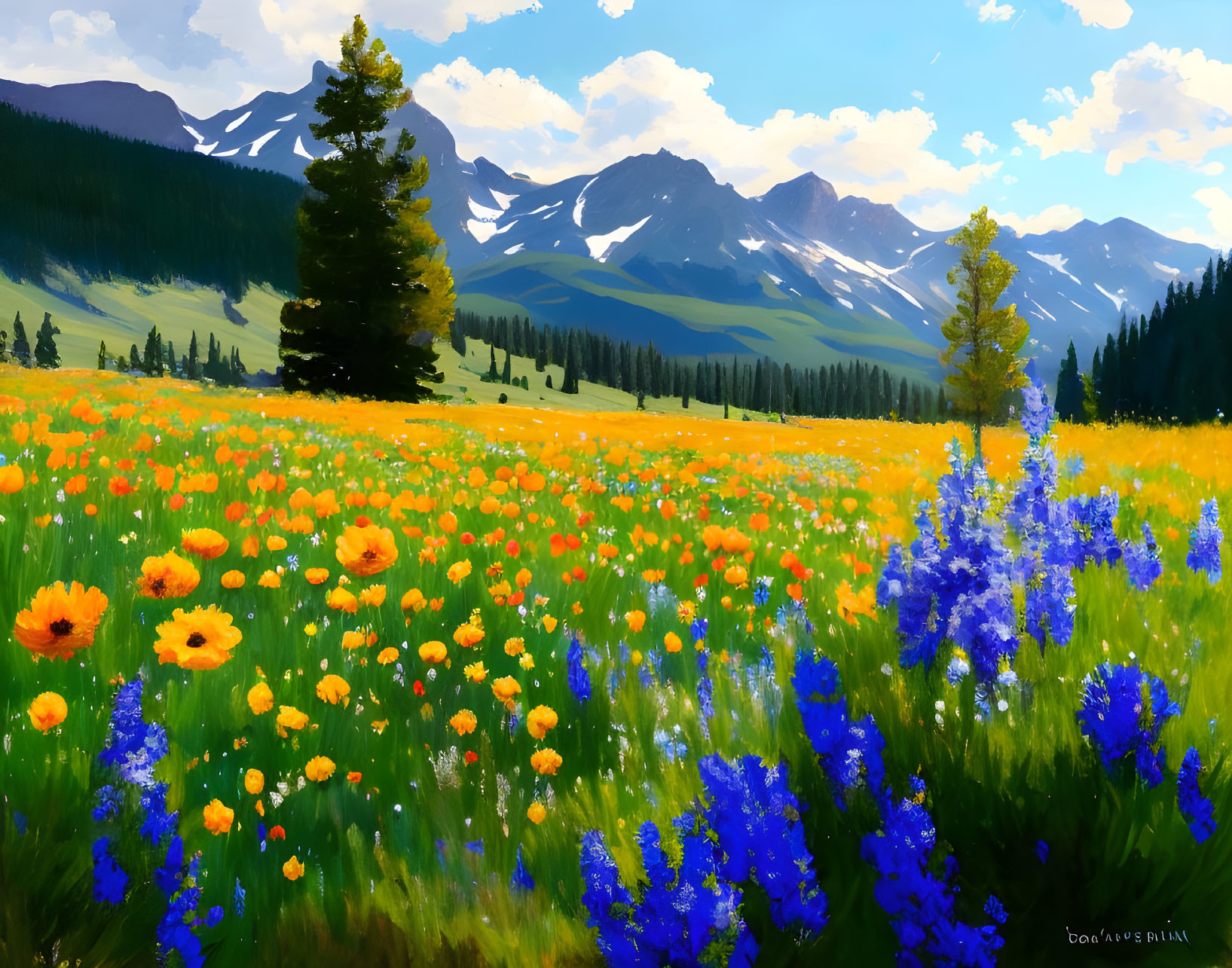 Colorful mountain landscape with wildflowers under clear blue sky