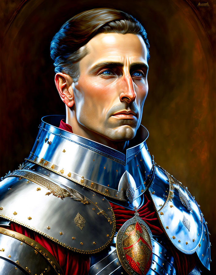 Medieval knight in armor portrait with stern expression and detailed textures