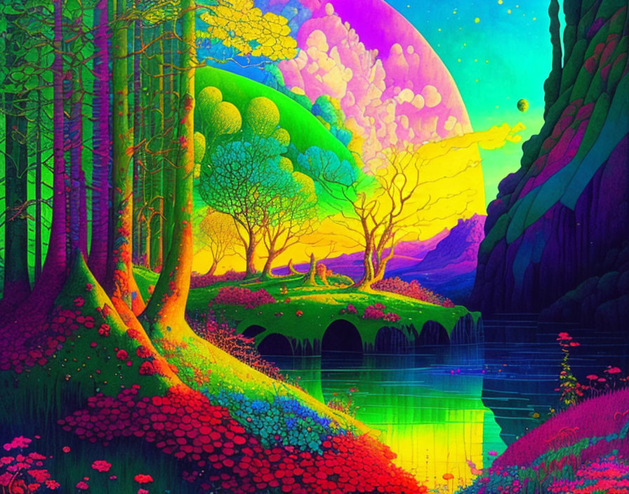 Colorful Landscape with Trees, Reflective Lake, and Crescent Moon