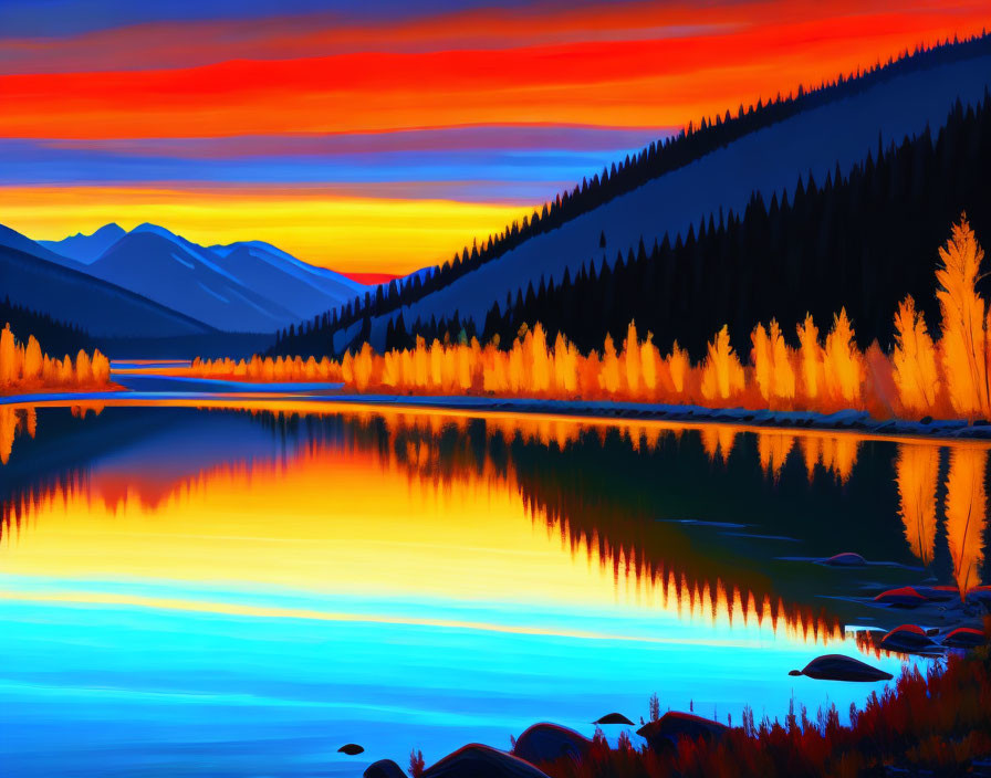 Vivid Sunset Over Tranquil River and Silhouetted Mountains