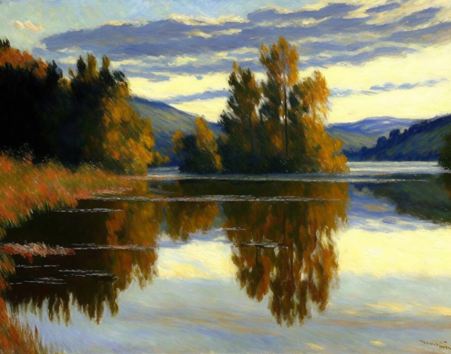 Serene river painting with tree reflections and cloudy sky