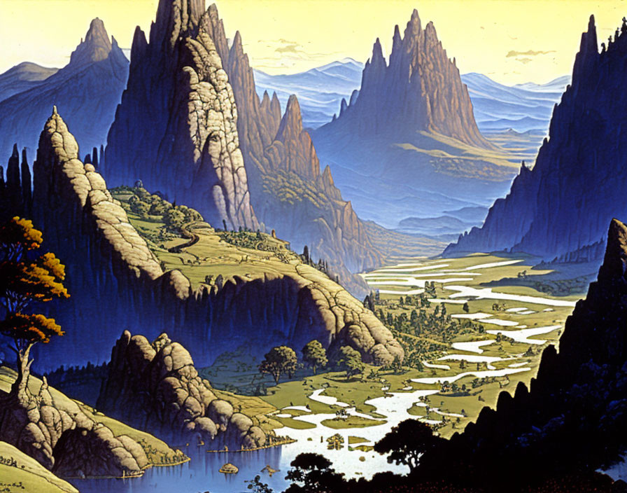 Fantasy landscape with spires, river, valleys, and lake