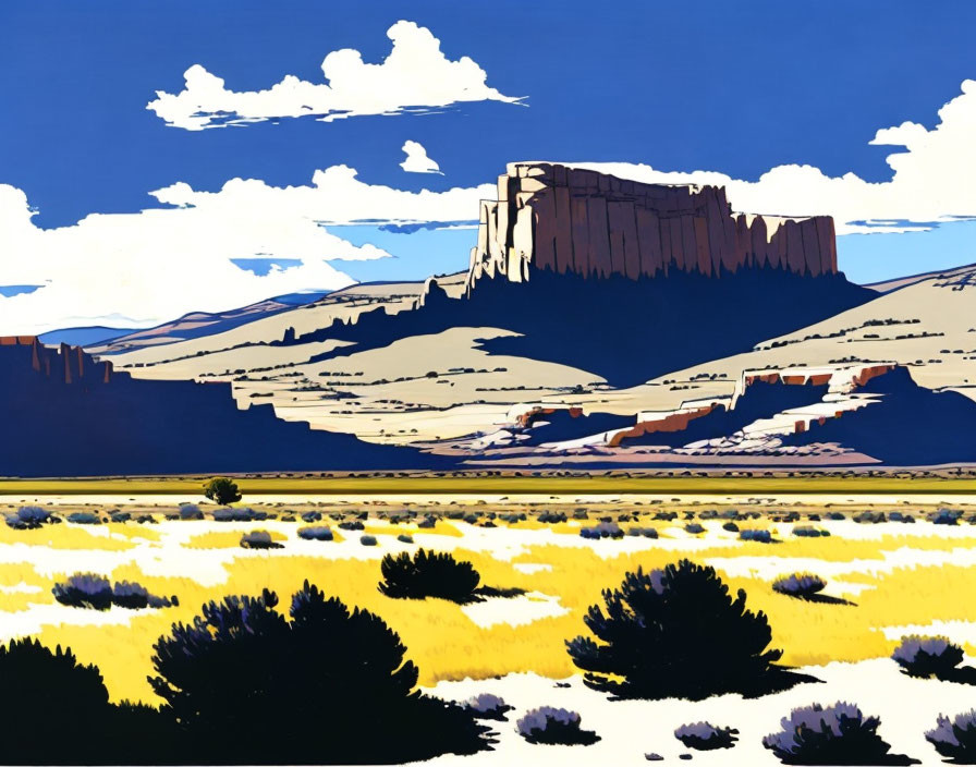 Colorful desert landscape with mesa under blue sky and yellow flowers.