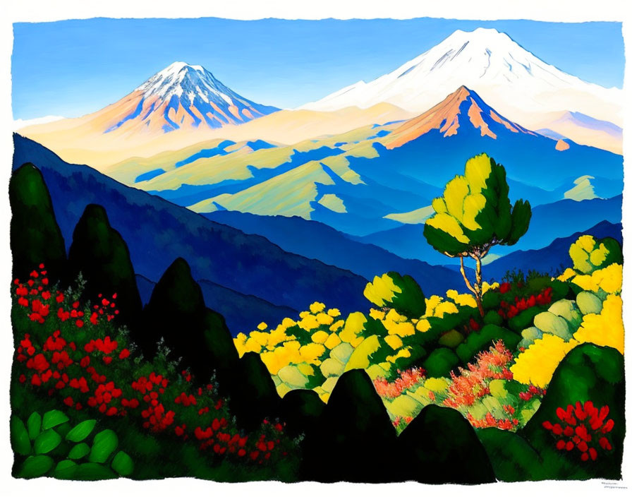 Colorful Meadow and Snow-Capped Mountains in Landscape Illustration