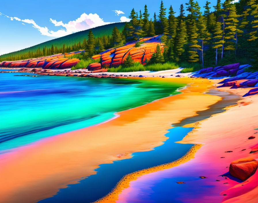 Colorful beach scene with multicolored sand and water, surrounded by lush green trees under a clear