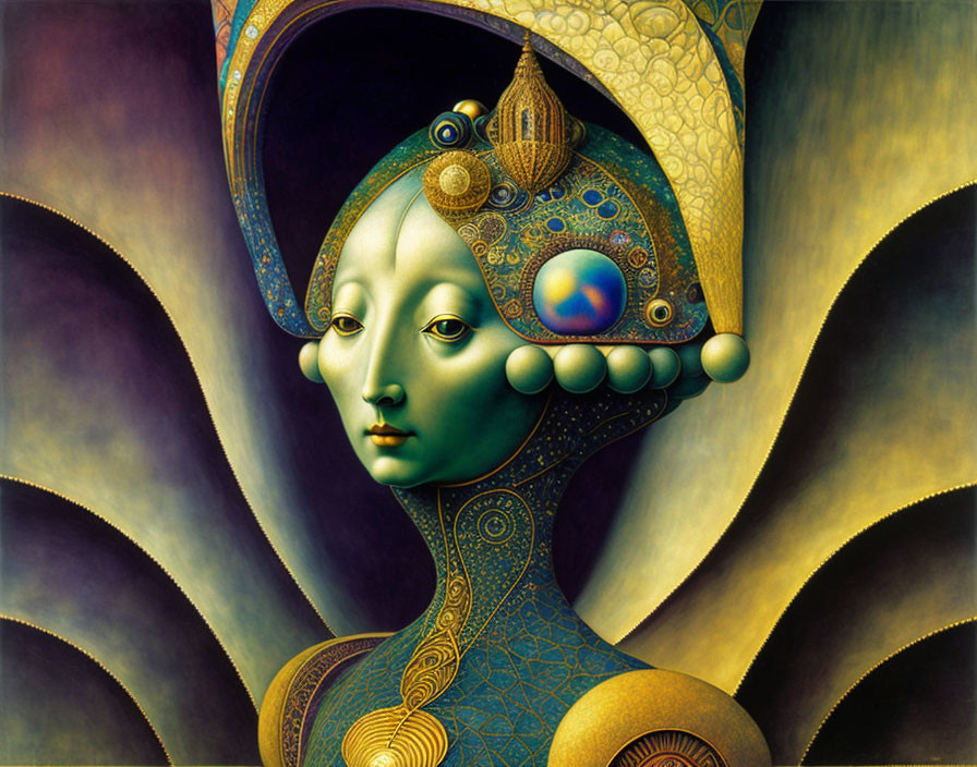 Surrealistic painting with stylized figure, intricate patterns, and vibrant colors