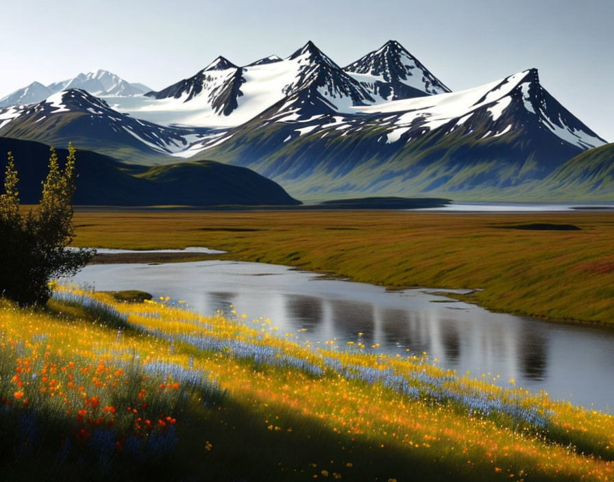 Serene landscape with river, wildflowers, snow-capped mountains