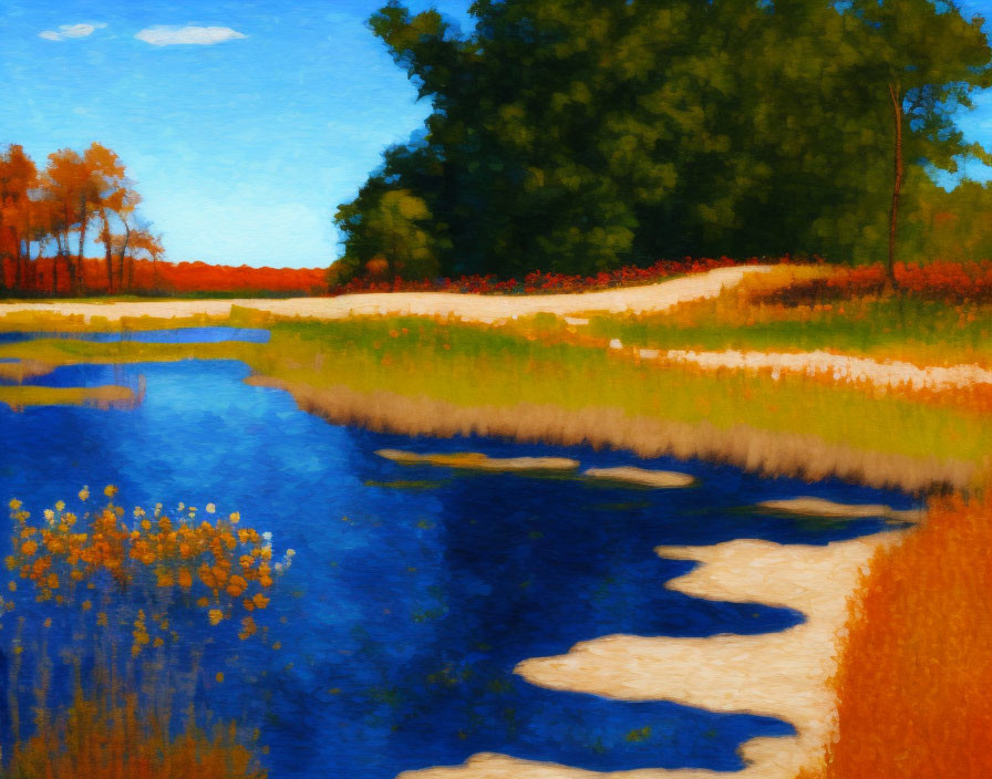 Impressionistic painting: River, golden banks, green trees, blue sky.