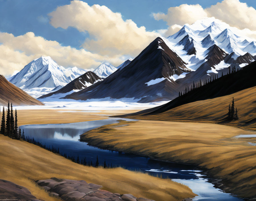 Scenic landscape: river, valley, golden fields, snow-capped mountains, blue sky