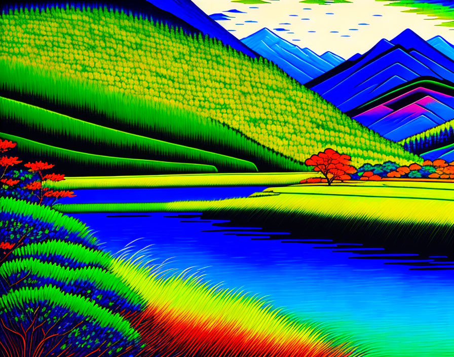 Colorful stylized landscape with hills, river, trees, and mountains under bright sky