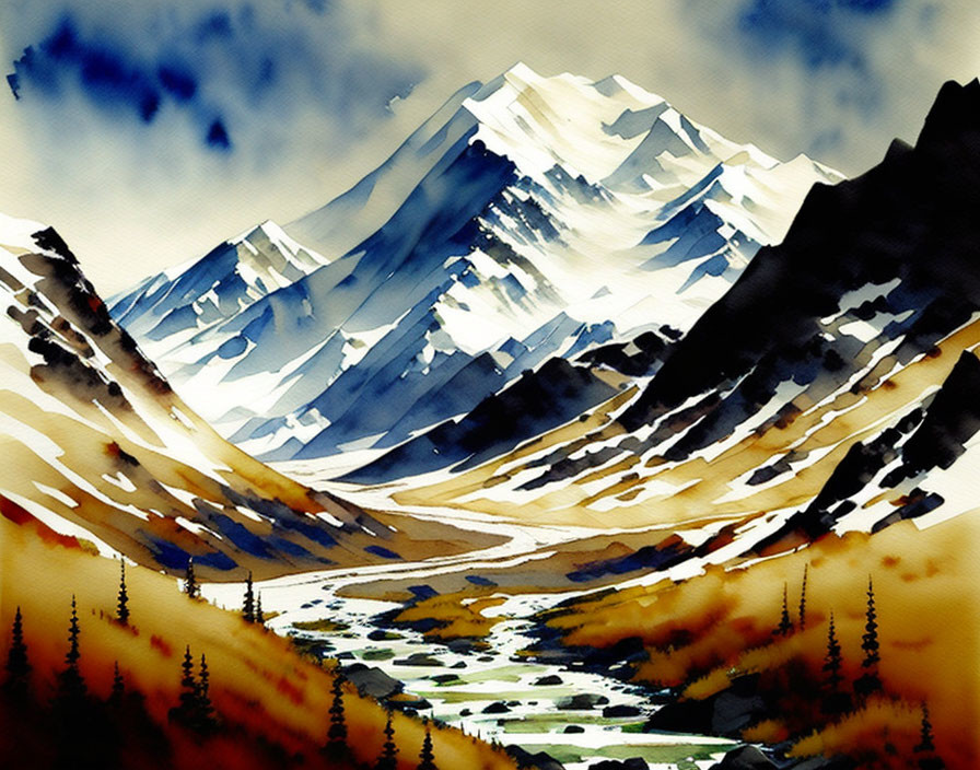 Majestic mountain range watercolor painting with snow-capped peaks