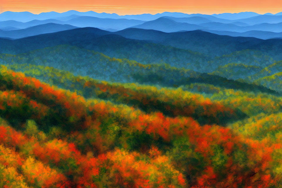 Colorful Autumn Landscape with Rolling Hills and Blue Mountains