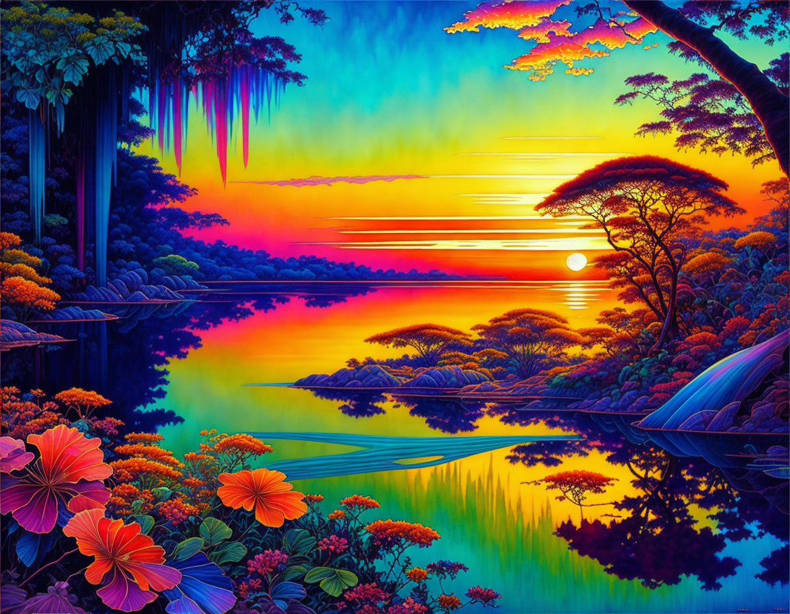 Colorful Sunset Landscape with Water Reflections and Lush Foliage